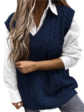 Navy Knit Sweater Vest Sleeveless Pullover Women's Small V-Neck Preppy Classic